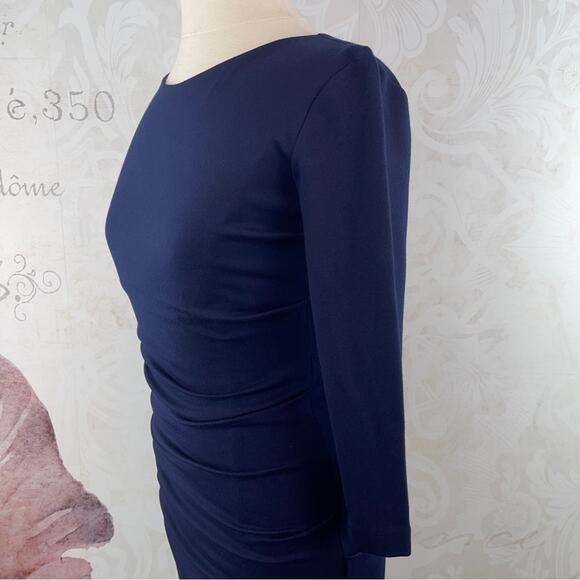 Nicole Miller Studio Navy Blue Sheath Ruched Knit Dress Size Small - Picture 6 of 14